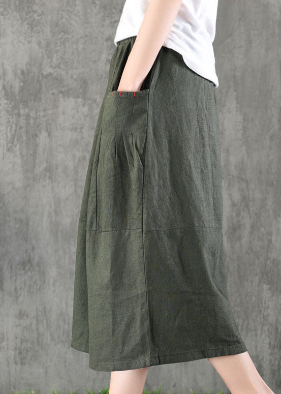 Chic Khaki elastic waist Pockets Cotton Linen A Line Skirt Spring