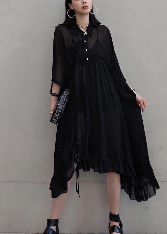 Chic Lapel Asymmetric Spring Quilting Dresses Design Black Long Dresses - Omychic