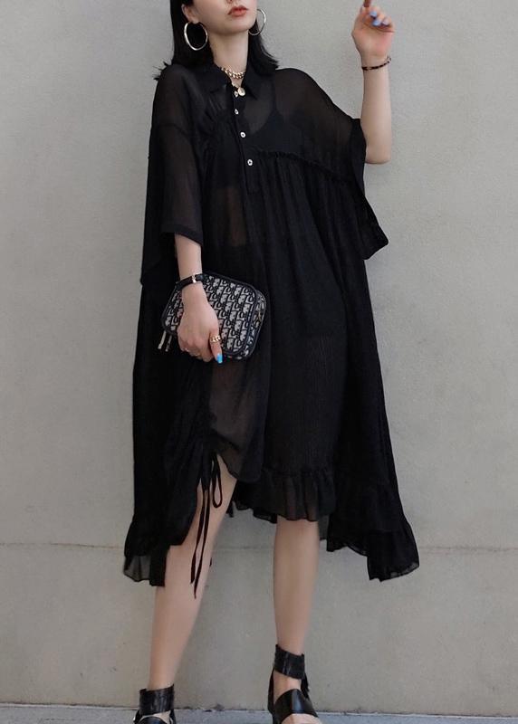 Chic Lapel Asymmetric Spring Quilting Dresses Design Black Long Dresses - Omychic