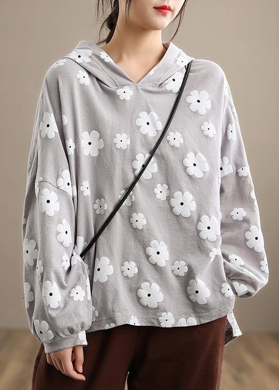 Chic Light Gray Print Clothes For Women Hooded Loose Spring Blouses - Omychic