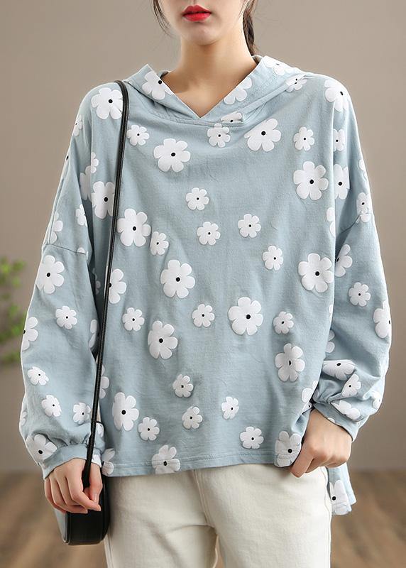 Chic Light Gray Print Clothes For Women Hooded Loose Spring Blouses - Omychic