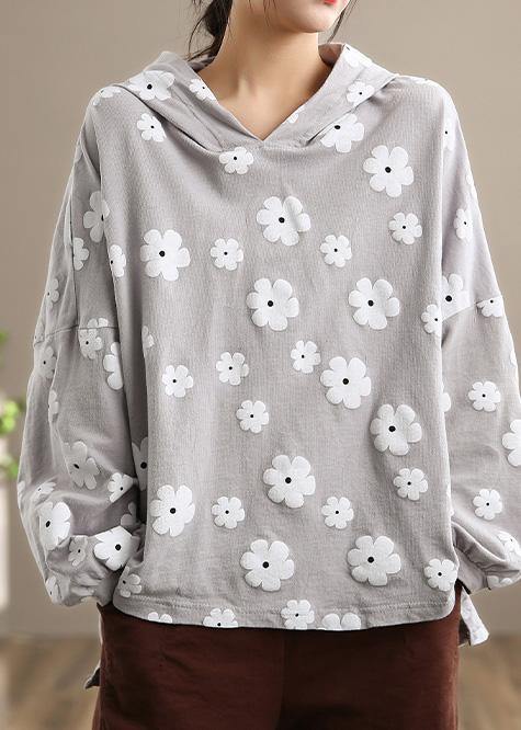 Chic Light Gray Print Clothes For Women Hooded Loose Spring Blouses - Omychic