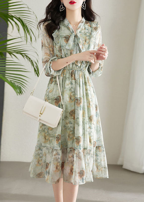 Chic Light Green Cinched Patchwork Print Chiffon Dress Spring