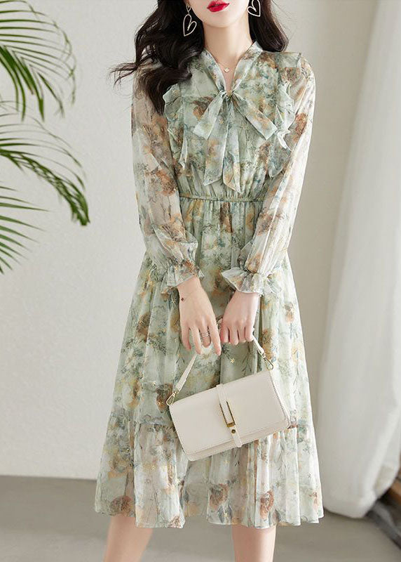 Chic Light Green Cinched Patchwork Print Chiffon Dress Spring