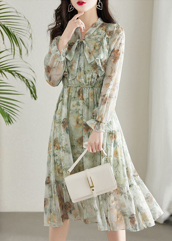 Chic Light Green Cinched Patchwork Print Chiffon Dress Spring