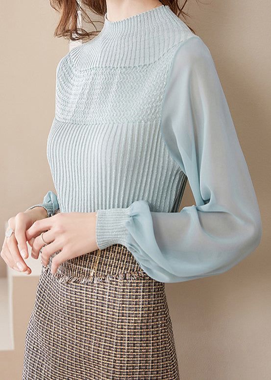 Chic Light Green Half Turtleneck Tulle Patchwork Woolen Sweaters Lantern Sleeve