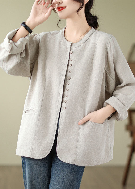 Chic Linen O-Neck Pockets Button Shirt Fall