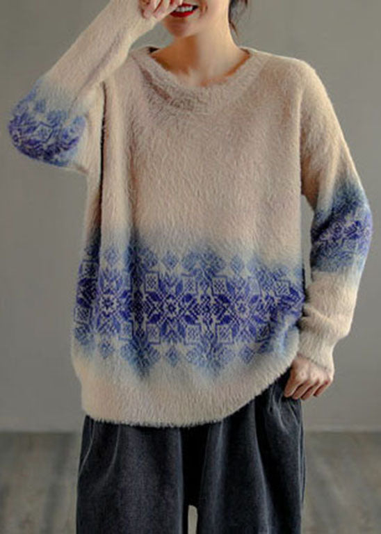 Chic Milk tea color O-Neck Print thick Mink Hair Knitted Tops Long Sleeve