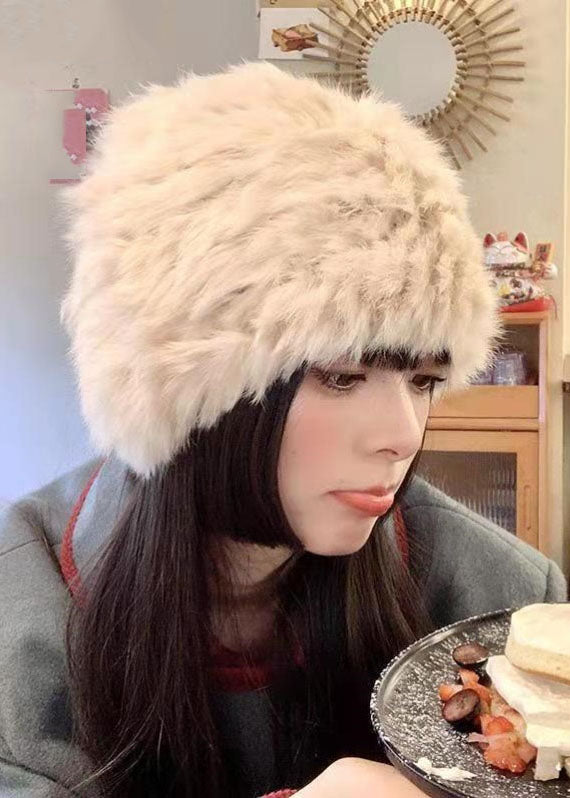 Chic Mocha Warm Fleece Leather And Fur Knitted Cotton Bonnie Hat