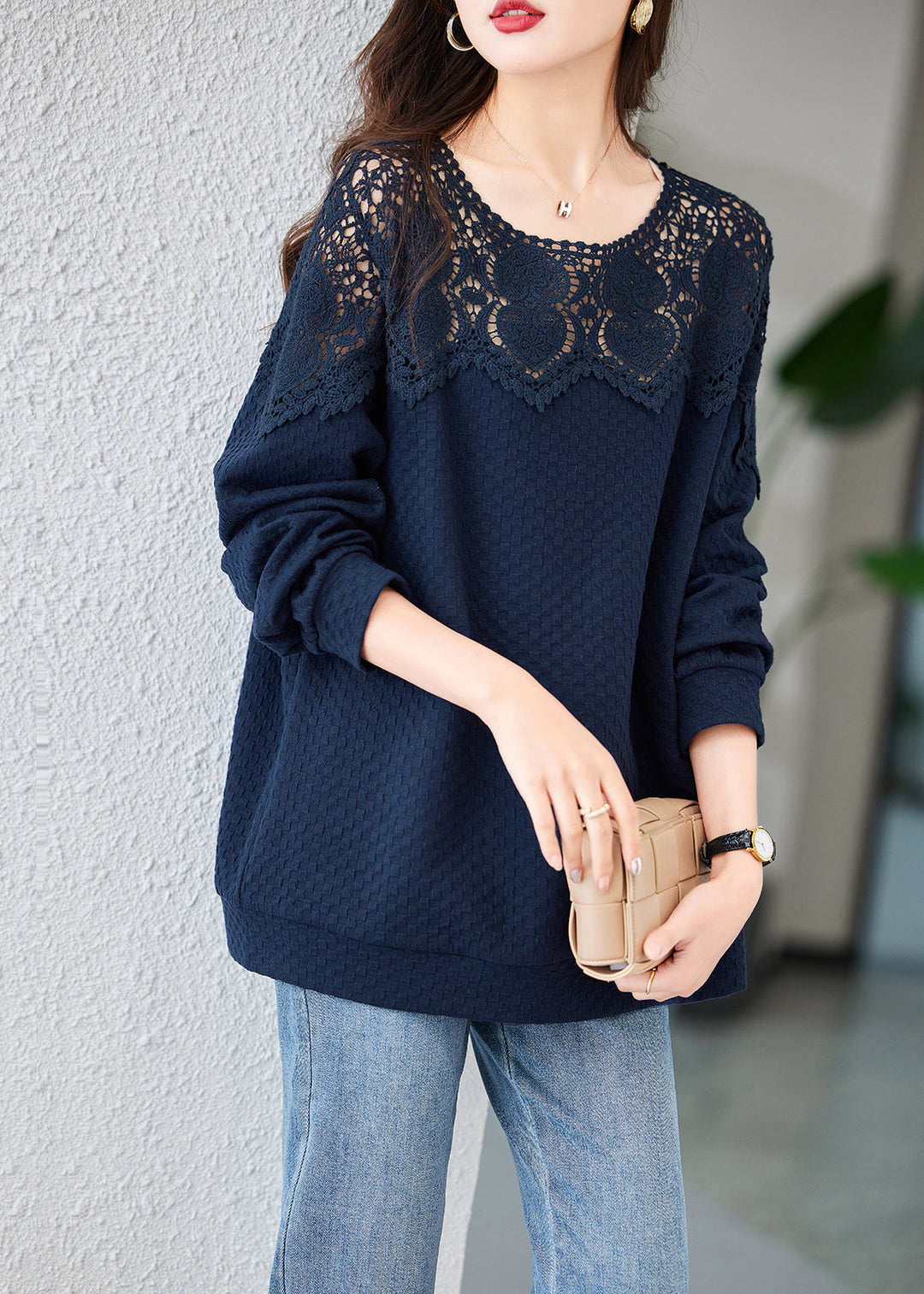 Chic Navy Embroideried Hollow Out Cotton Tops Spring