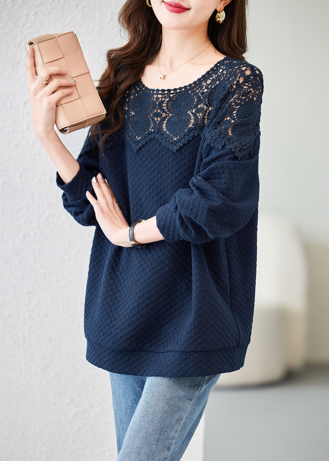 Chic Navy Embroideried Hollow Out Cotton Tops Spring