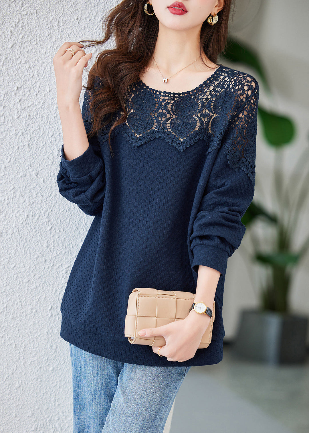 Chic Navy Embroideried Hollow Out Cotton Tops Spring