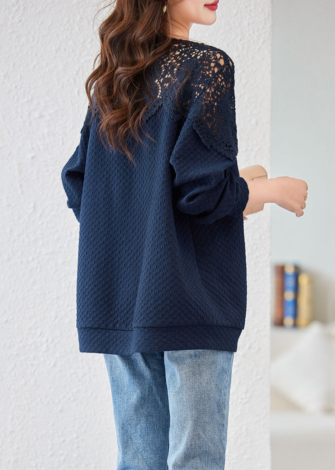 Chic Navy Embroideried Hollow Out Cotton Tops Spring