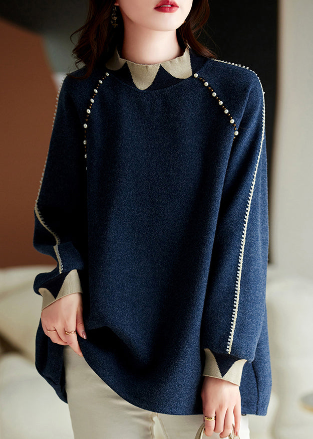 Chic Navy Nail Bead Thick Patchwork Woolen Knitted Tops Winter
