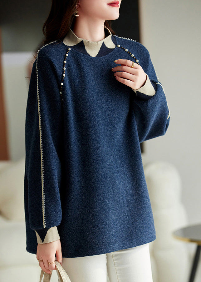 Chic Navy Nail Bead Thick Patchwork Woolen Knitted Tops Winter