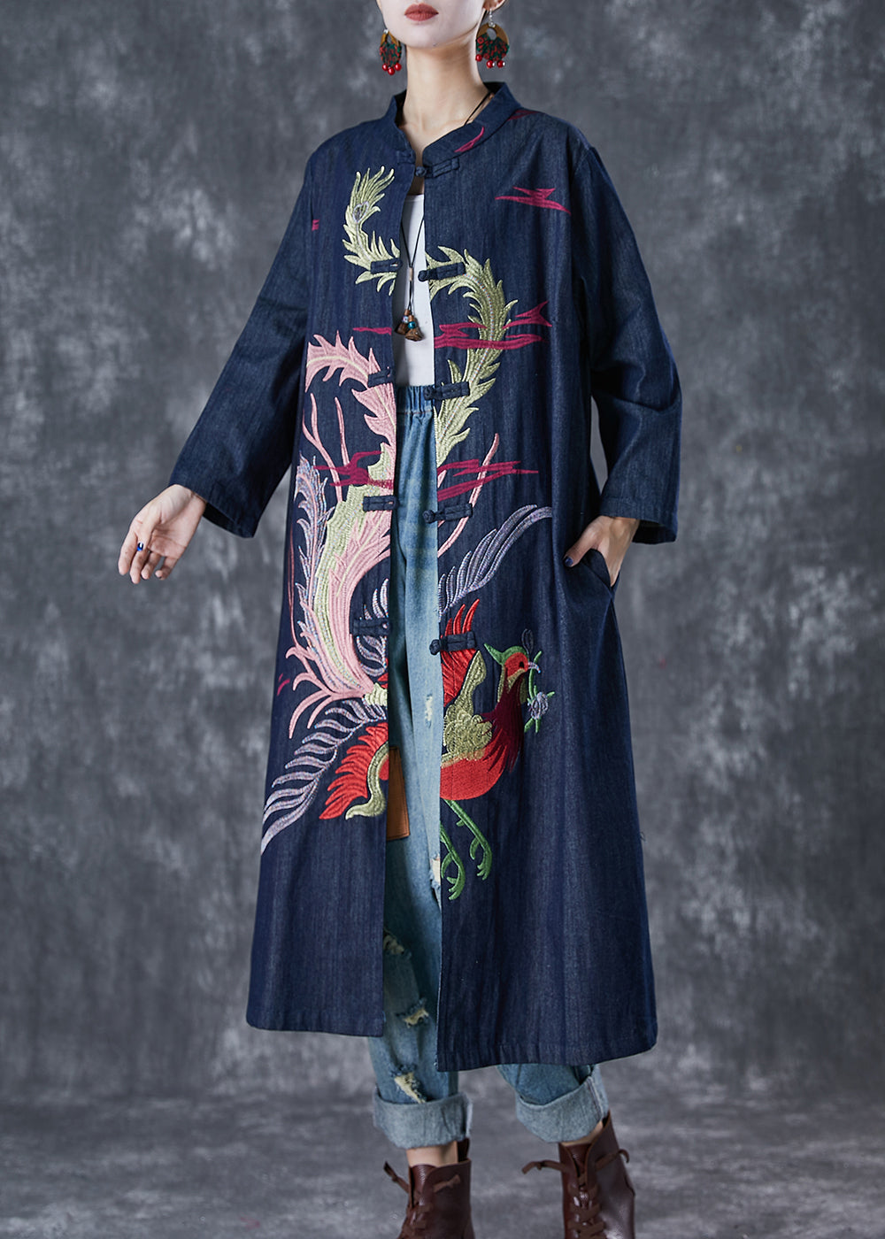 Chic Navy Phoenix Embroideried Chinese Button Denim Trench Fall