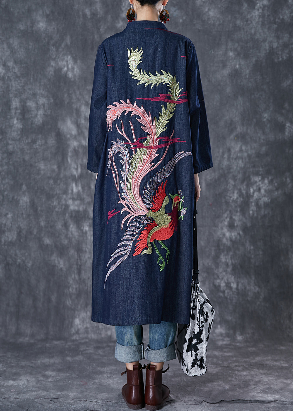 Chic Navy Phoenix Embroideried Chinese Button Denim Trench Fall