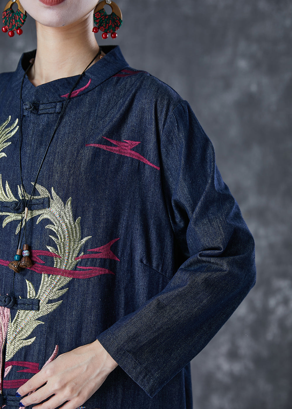 Chic Navy Phoenix Embroideried Chinese Button Denim Trench Fall