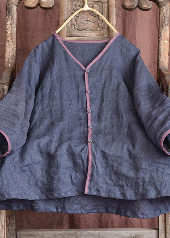 Chic Navy V Neck Side Open Button Linen Tops Long Sleeve