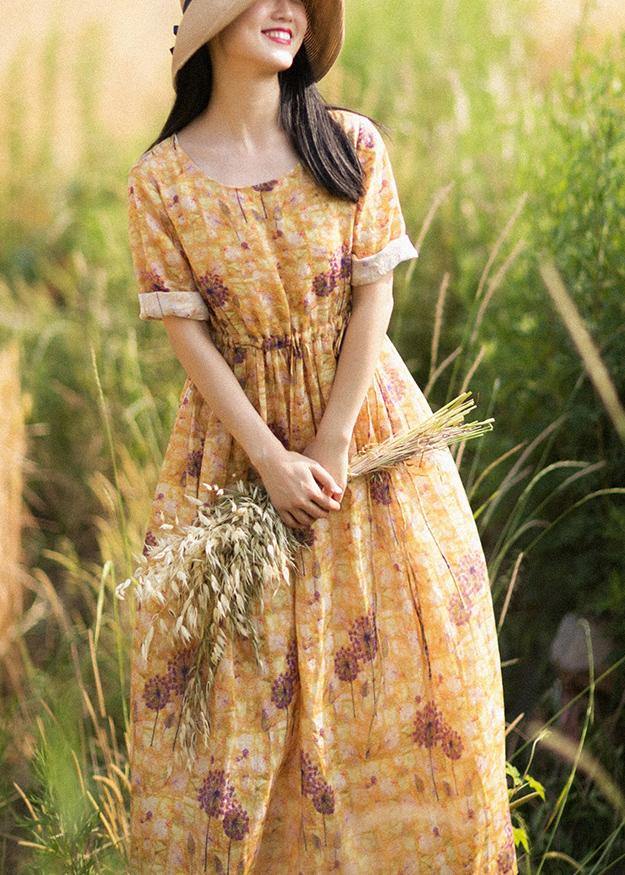 Chic O-Neck Summer Clothes Pattern Yellow Print Dress - Omychic