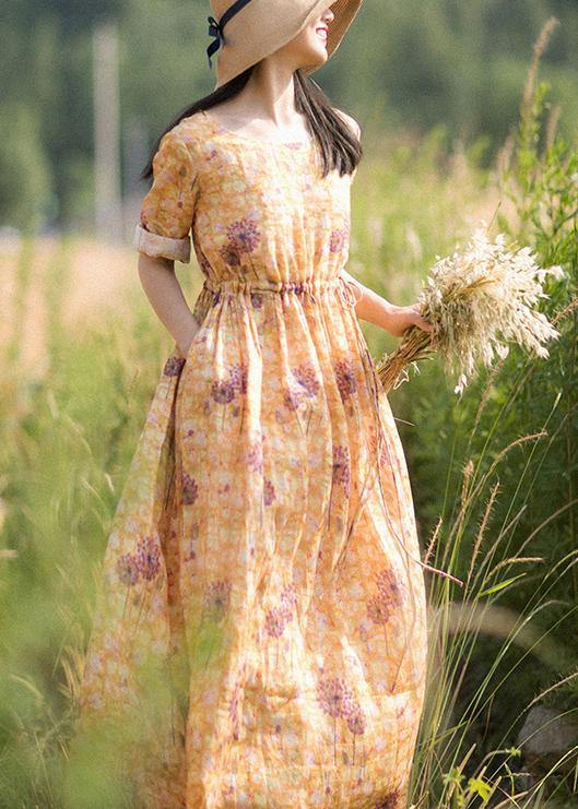 Chic O-Neck Summer Clothes Pattern Yellow Print Dress - Omychic