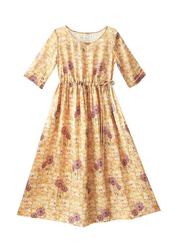 Chic O-Neck Summer Clothes Pattern Yellow Print Dress - Omychic