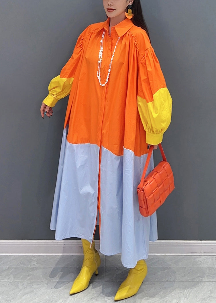 Chic Orange Button Patchwork Cotton Blouses Dresses Long Sleeve