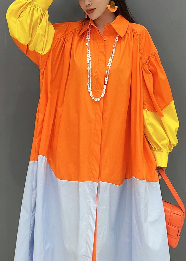 Chic Orange Button Patchwork Cotton Blouses Dresses Long Sleeve