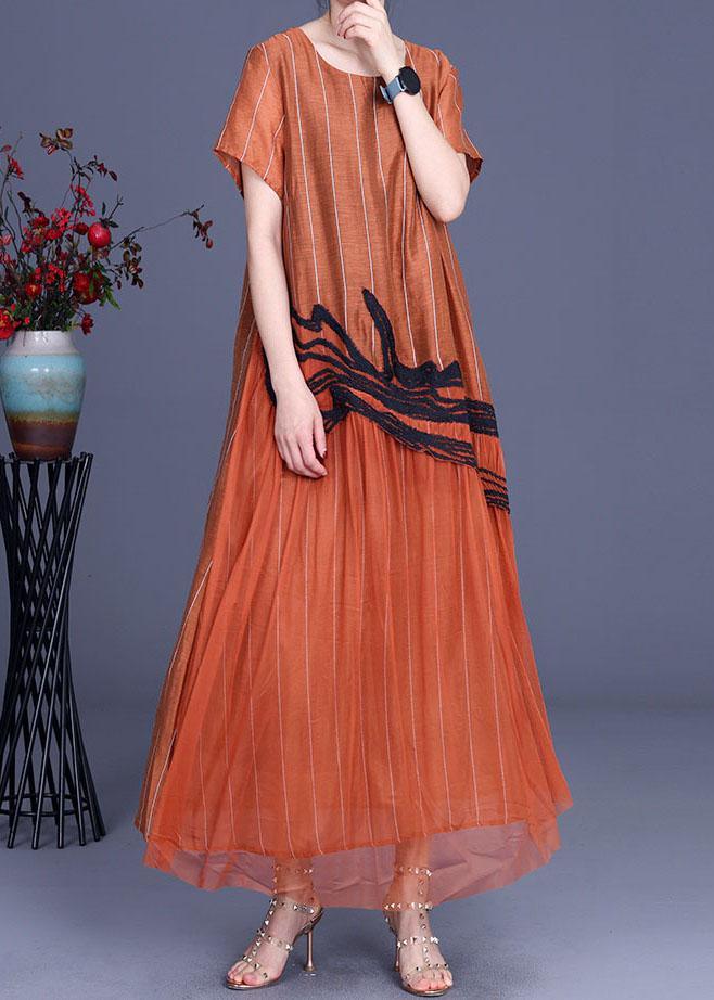 Chic Orange Embroidery Patchwork Summer Silk Dresses Short Sleeve - Omychic