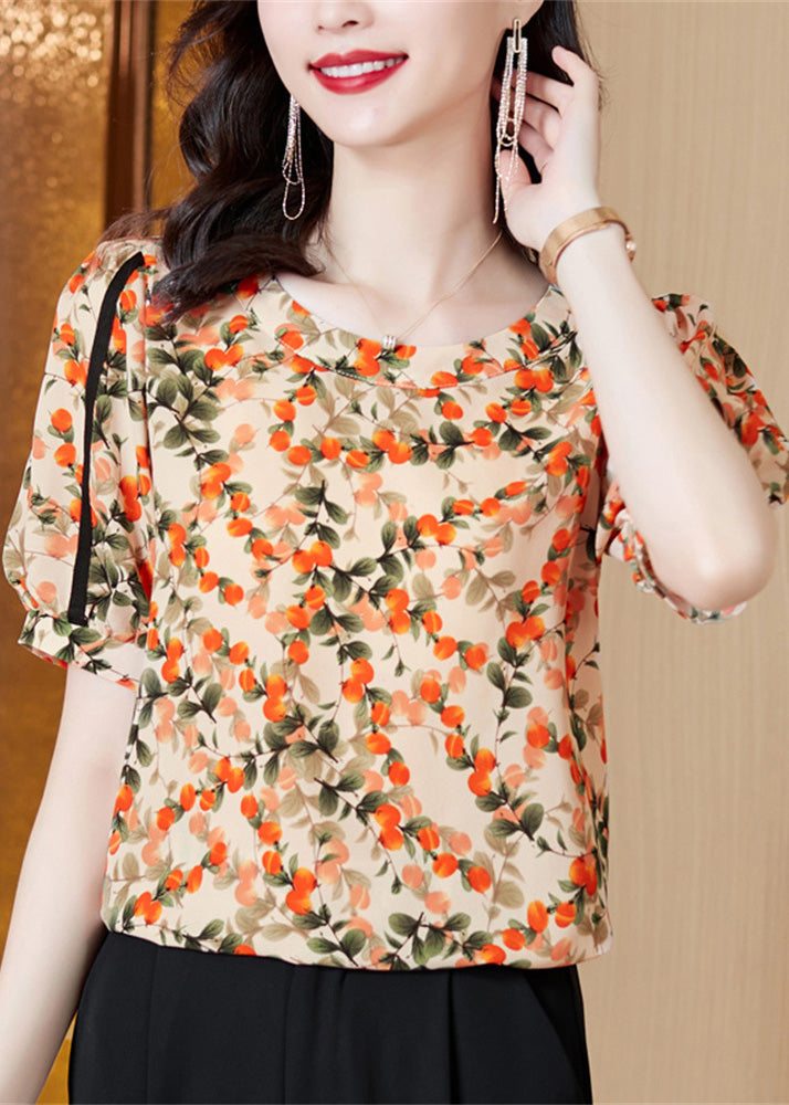 Chic Orange O-Neck Print Patchwork Chiffon Shirts Short Sleeve