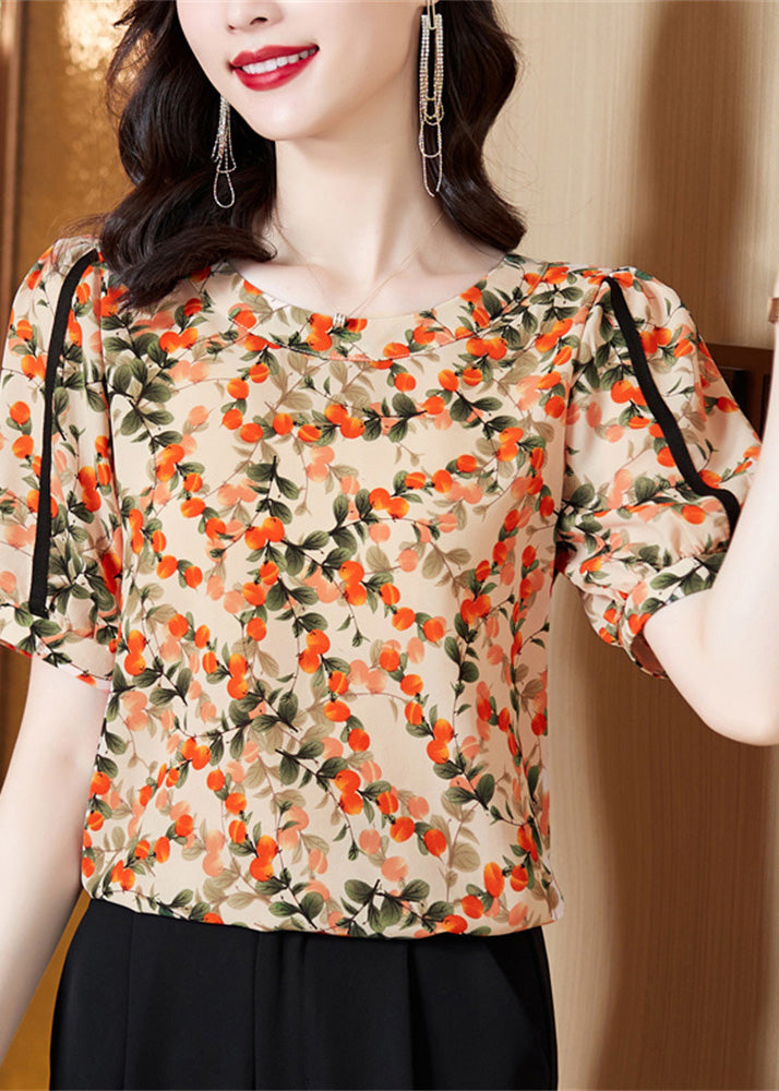 Chic Orange O-Neck Print Patchwork Chiffon Shirts Short Sleeve