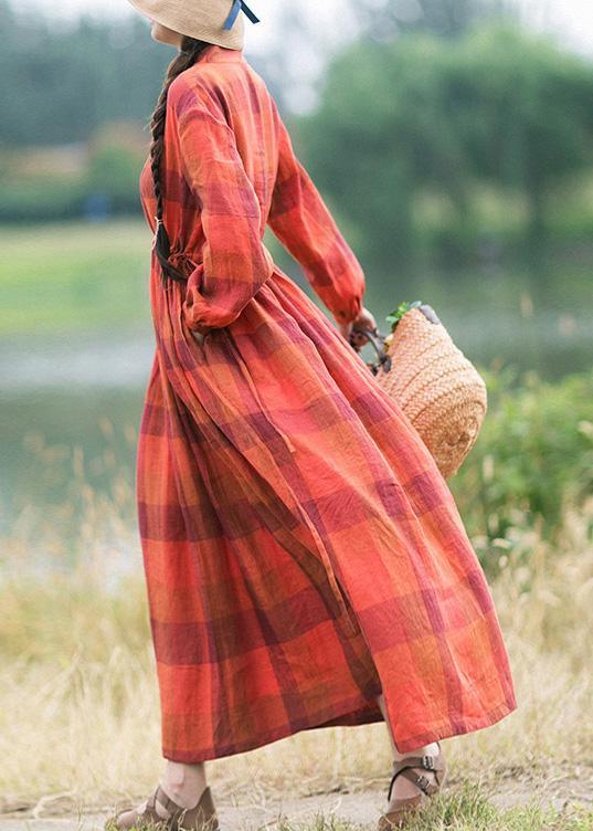 Chic Orange Plaid Clothes O Neck Drawstring Spring Dress - Omychic