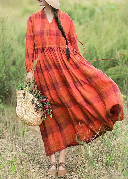 Chic Orange Plaid Clothes O Neck Drawstring Spring Dress - Omychic