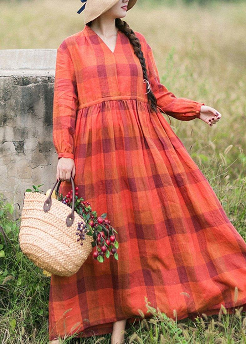 Chic Orange Plaid Clothes O Neck Drawstring Spring Dress - Omychic