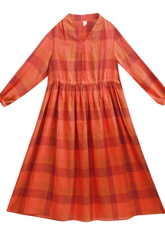 Chic Orange Plaid Clothes O Neck Drawstring Spring Dress - Omychic