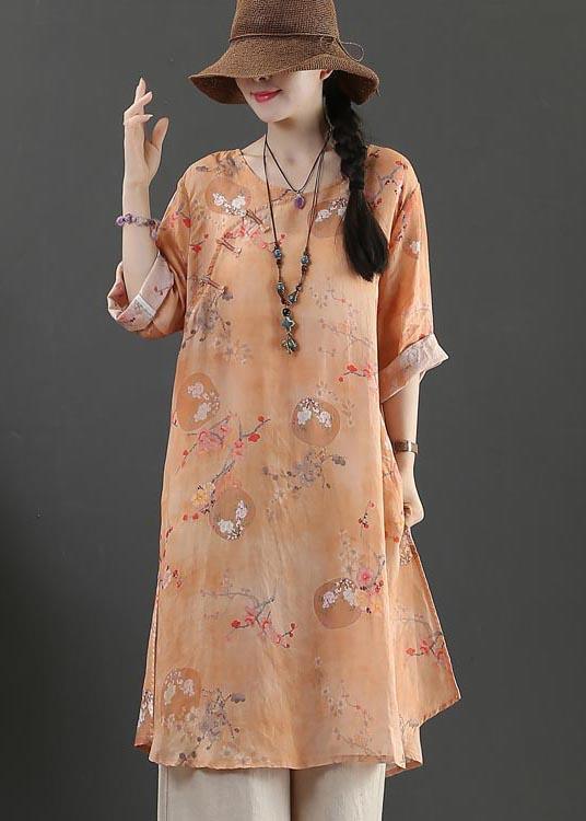 Chic Orange Print Long Linen Top Summer - Omychic