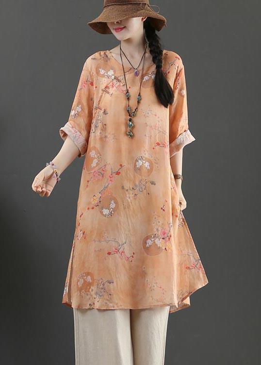 Chic Orange Print Long Linen Top Summer - Omychic