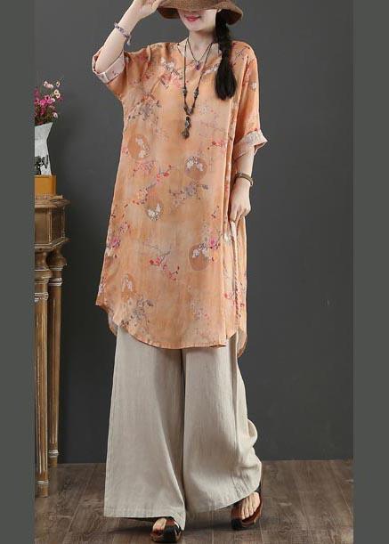 Chic Orange Print Long Linen Top Summer - Omychic