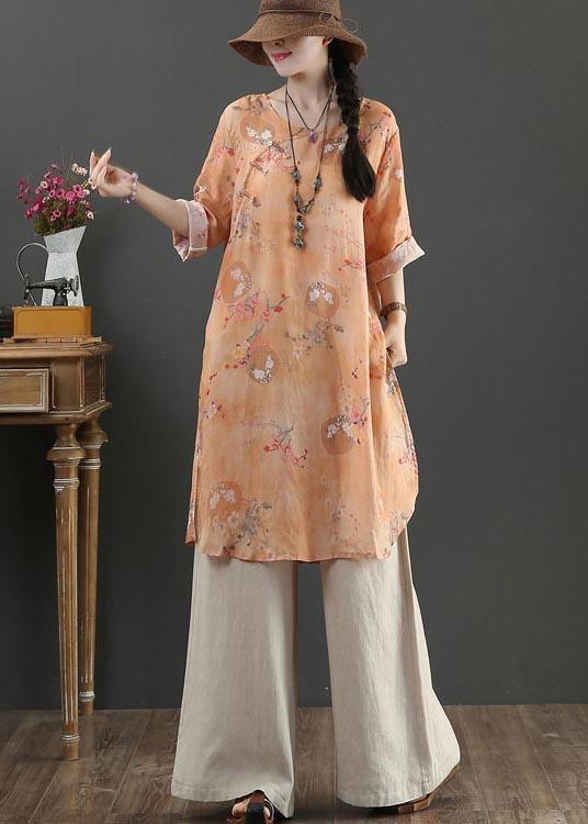 Chic Orange Print Long Linen Top Summer - Omychic