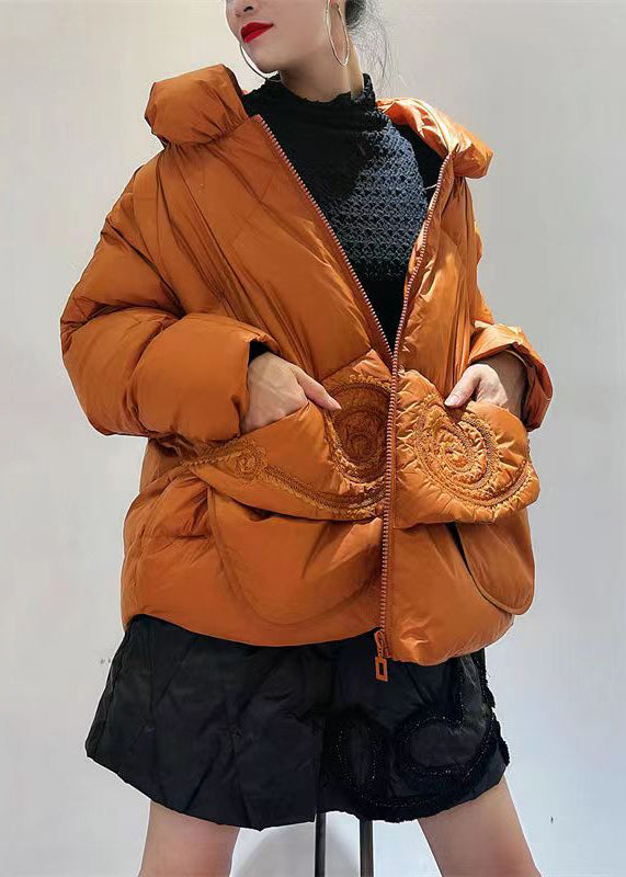 Chic Orange Zip Up Pockets Patchwork Duck Down Down Coats Winter