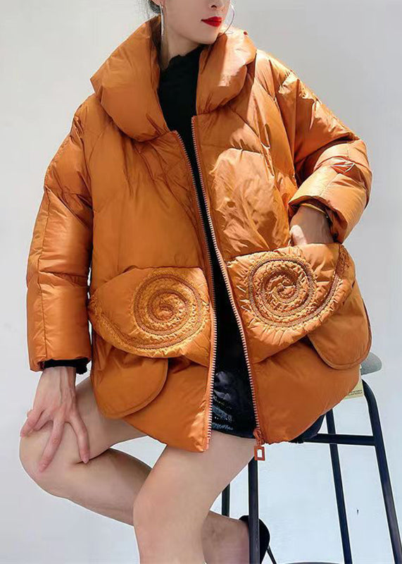 Chic Orange Zip Up Pockets Patchwork Duck Down Down Coats Winter