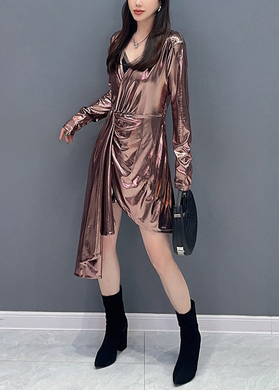 Chic Pink Asymmetrical Wrinkled Cotton Dress Long Sleeve