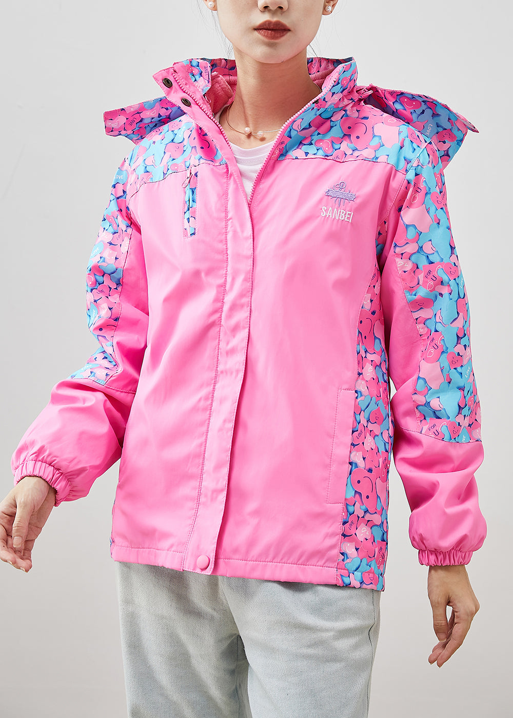 Chic Pink Hooded Patchwork Print Spandex Coat Outwear Fall