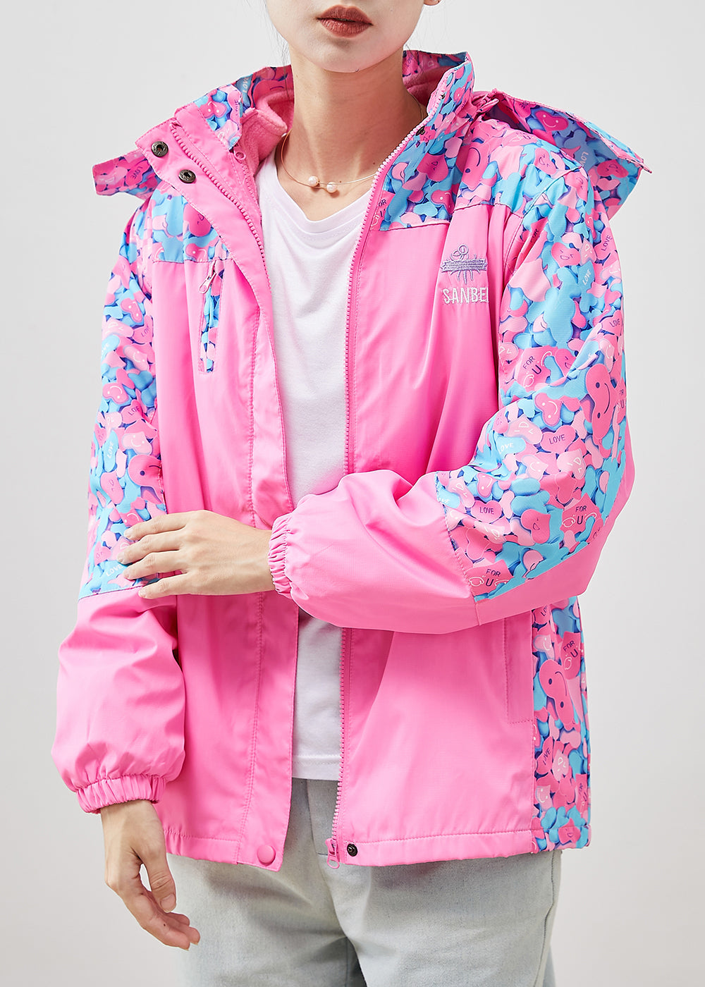 Chic Pink Hooded Patchwork Print Spandex Coat Outwear Fall