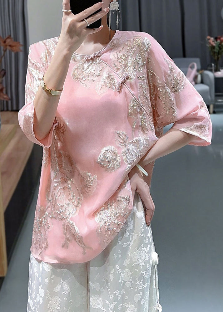 Chic Pink O-Neck Embroideried Button Silk Shirts Bracelet Sleeve