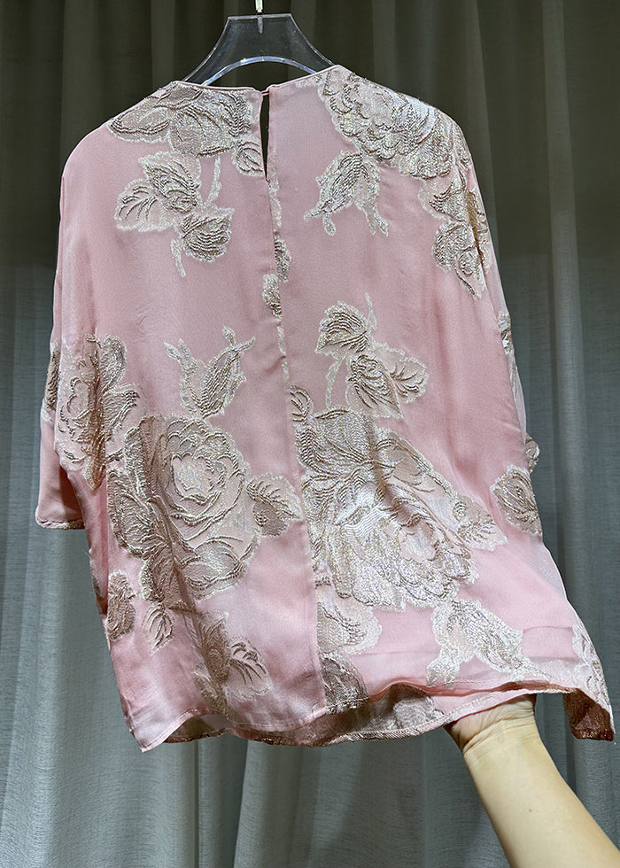 Chic Pink O-Neck Embroideried Button Silk Shirts Bracelet Sleeve