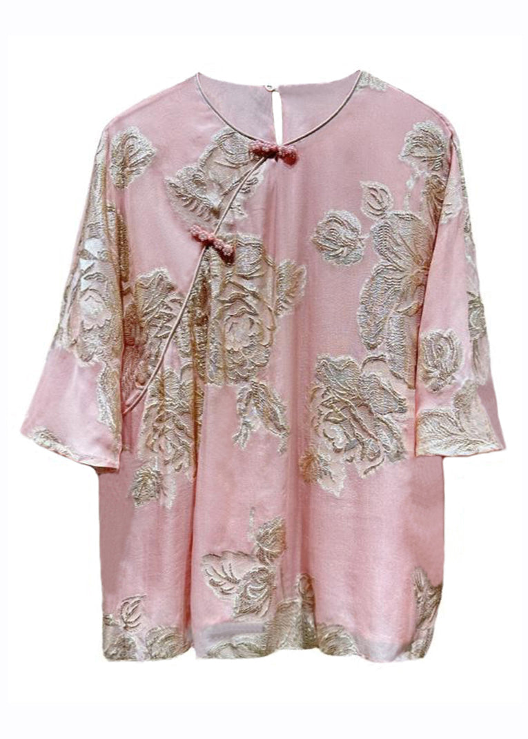 Chic Pink O-Neck Embroideried Button Silk Shirts Bracelet Sleeve