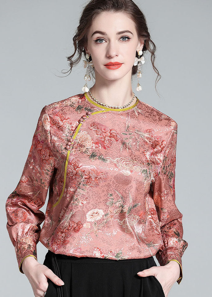 Chic Pink O Neck Jacquard Chinese Button Patchwork Silk Shirt Spring