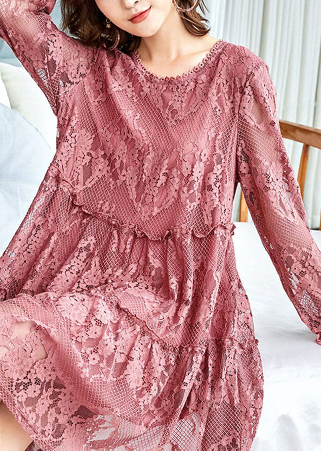 Chic Pink O Neck Wrinkled Patchwork Lace Mid Dresses Spring