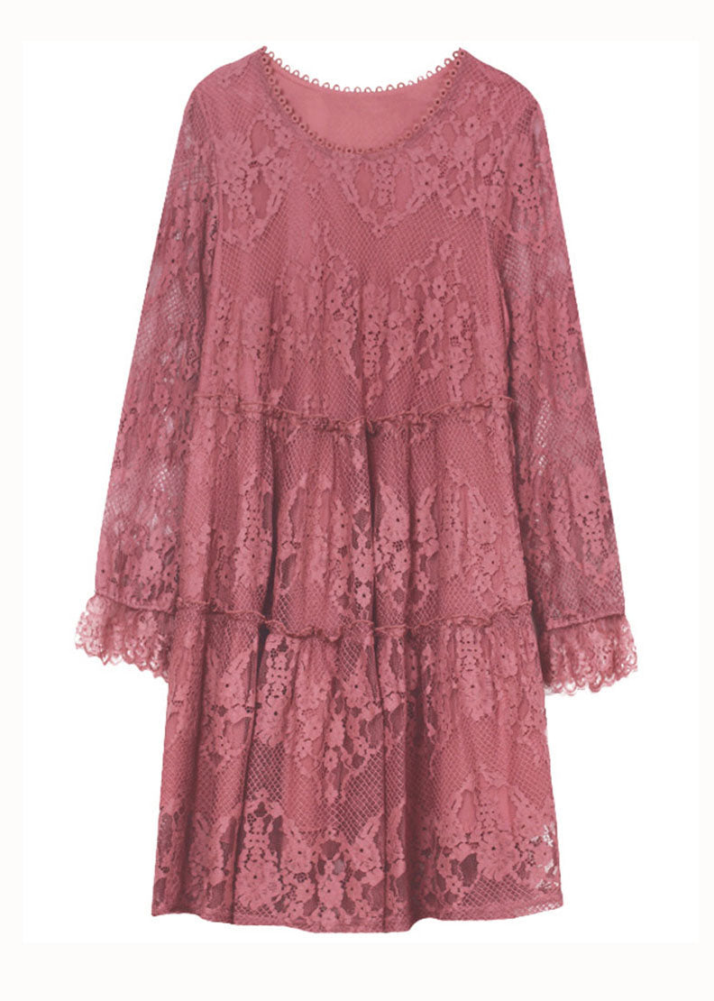 Chic Pink O Neck Wrinkled Patchwork Lace Mid Dresses Spring